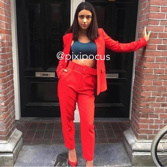 NWT ZARA BELTED HIGH WAISTED PANTS RED - Picture 6 of 16